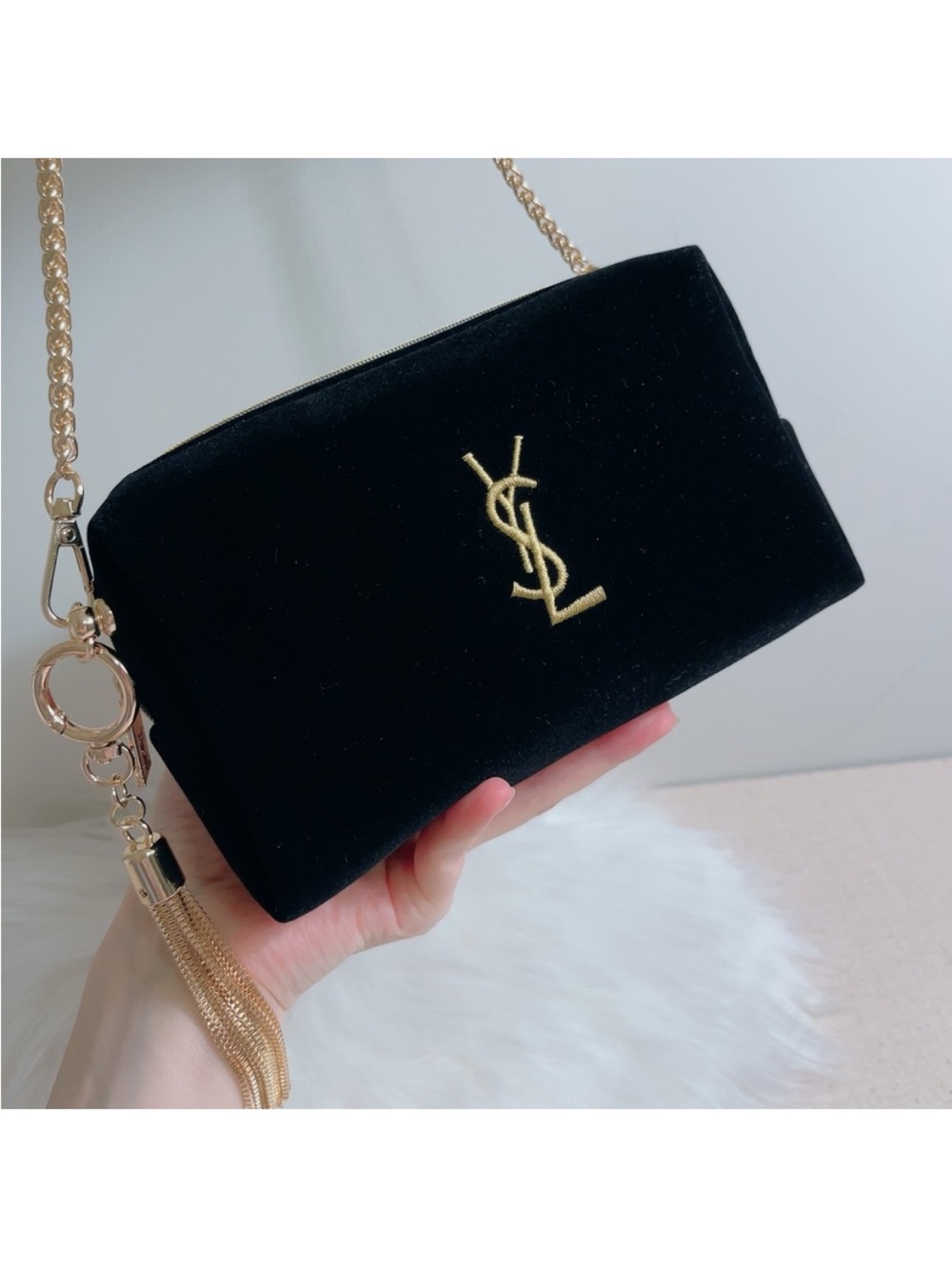 YSL YVES SAINT LAURENT Black Velvet bag purse clutch Gold Logo Chain tassel - Picture 4 of 9